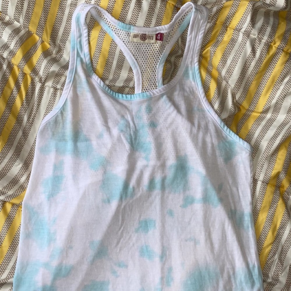 Blue and white mesh back tank top tie die